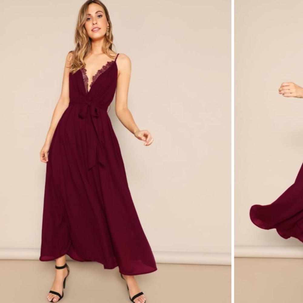 Shein burgundy lace trim dress